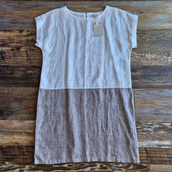 NWT Garnet Hill Meraki Linen Color Block Shift Dress Pocket White Grey - Picture 5 of 14